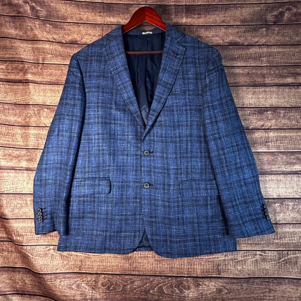 Joseph Abboud Heritage 42R Blue Plaid Wool Silk Linen E Thomas Blazer Jacket